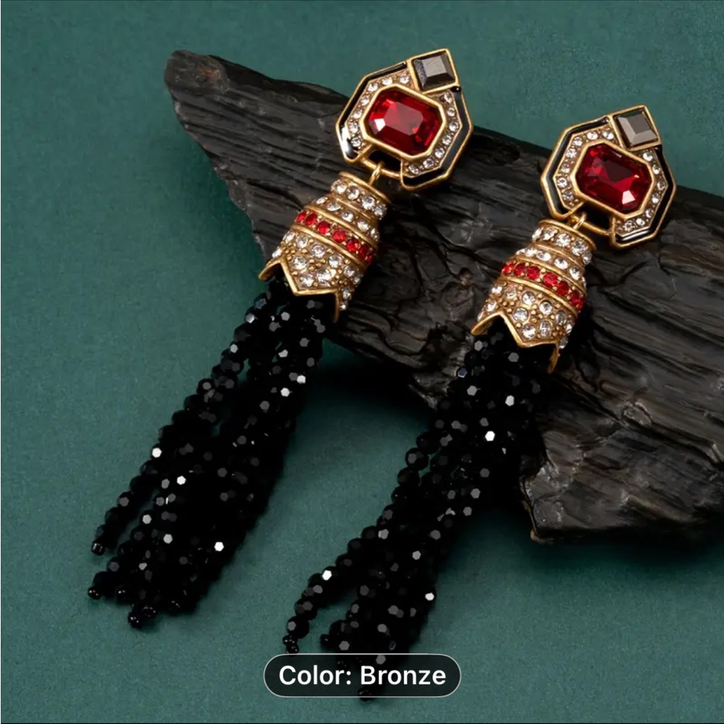 Elegant Gold And Black Beaded Tassel Earrings